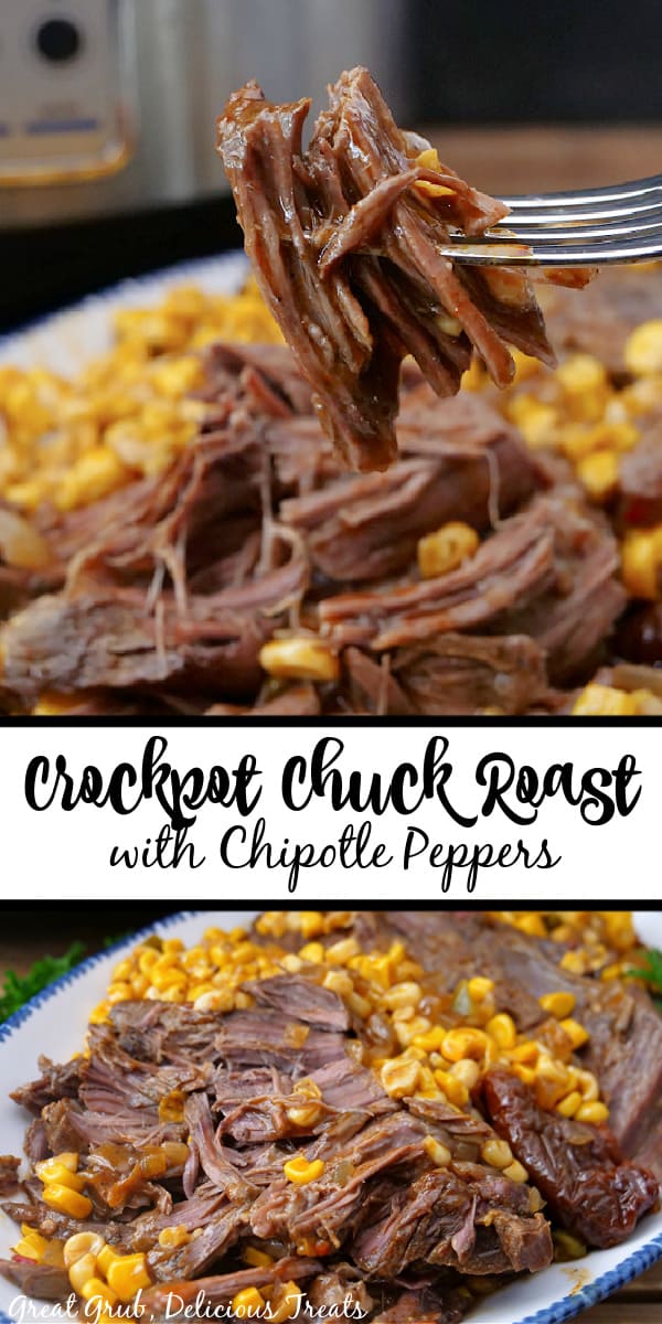 A double photo collage of chuck roast on a white plate.