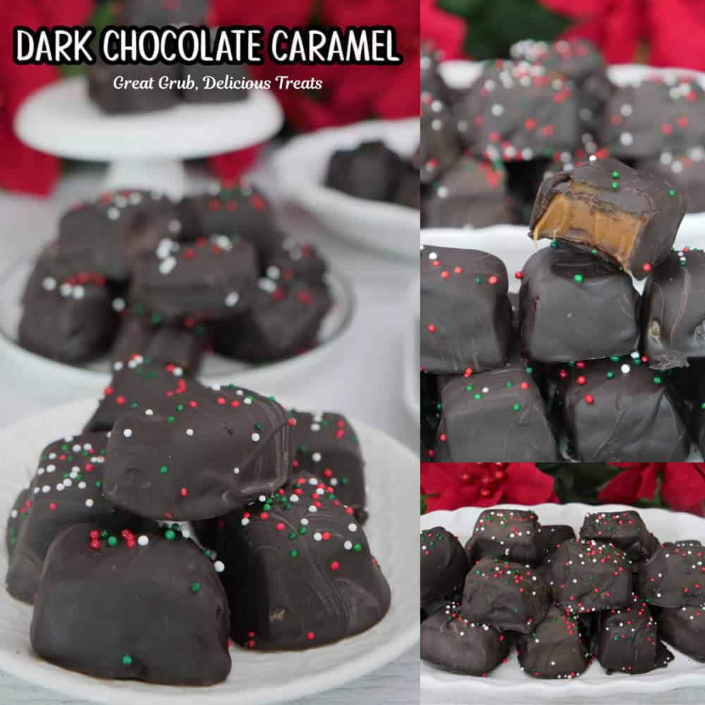 Three photos of dark chocolate caramels on a white surface with the title overlay at the top.