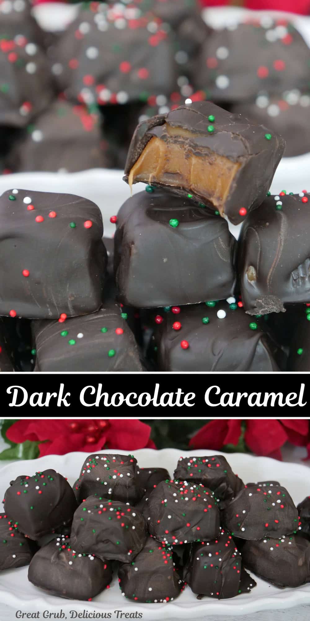 A double collage photo of dark chocolate caramel with the title overlay in the center.