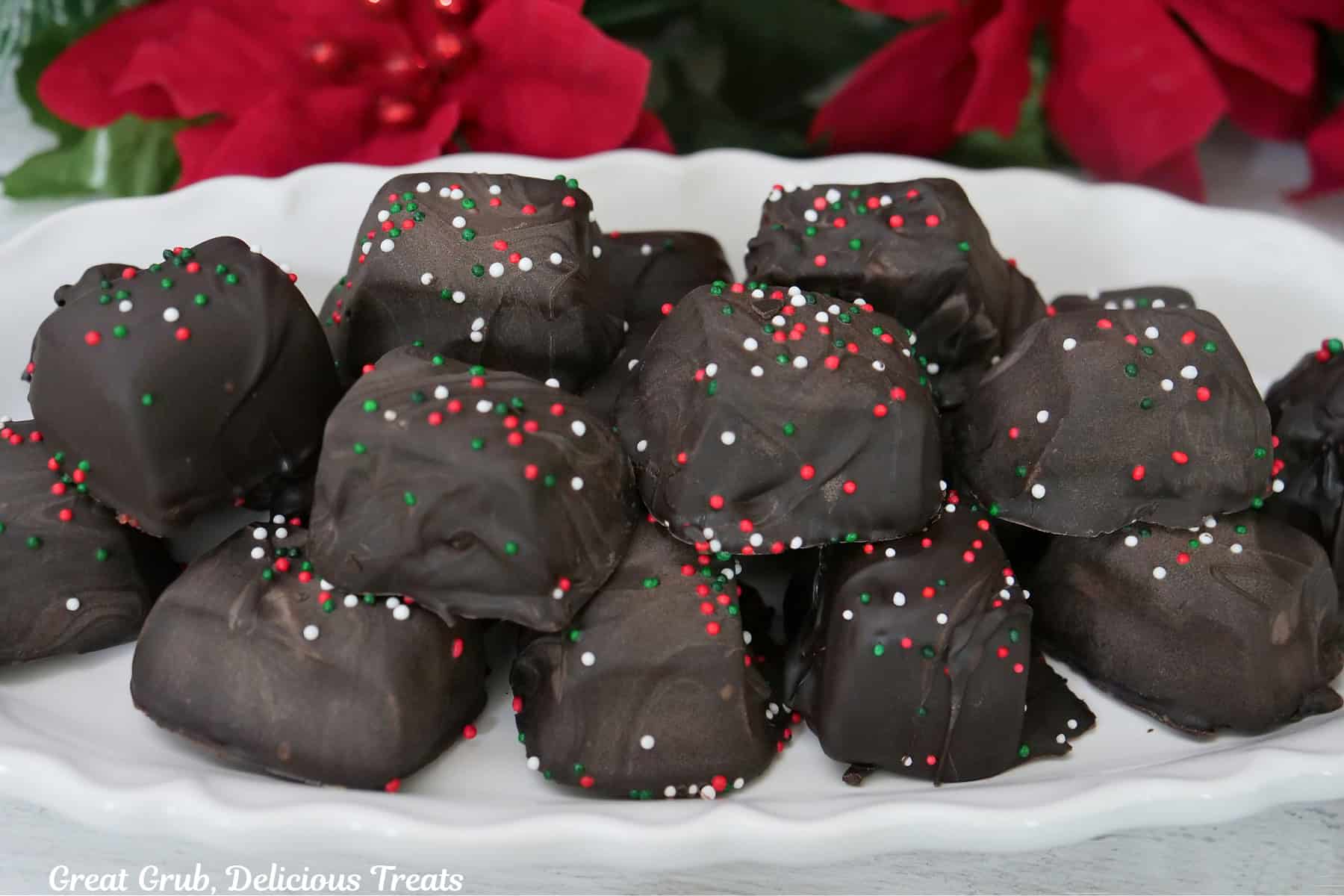 A white oval plate with dark chocolate caramels on it with holiday foliage in the background.
