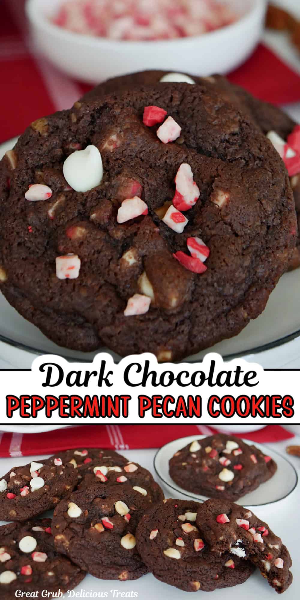 Two photos of dark chocolate peppermint cookies with the title of the recipe in text in between the two photos.