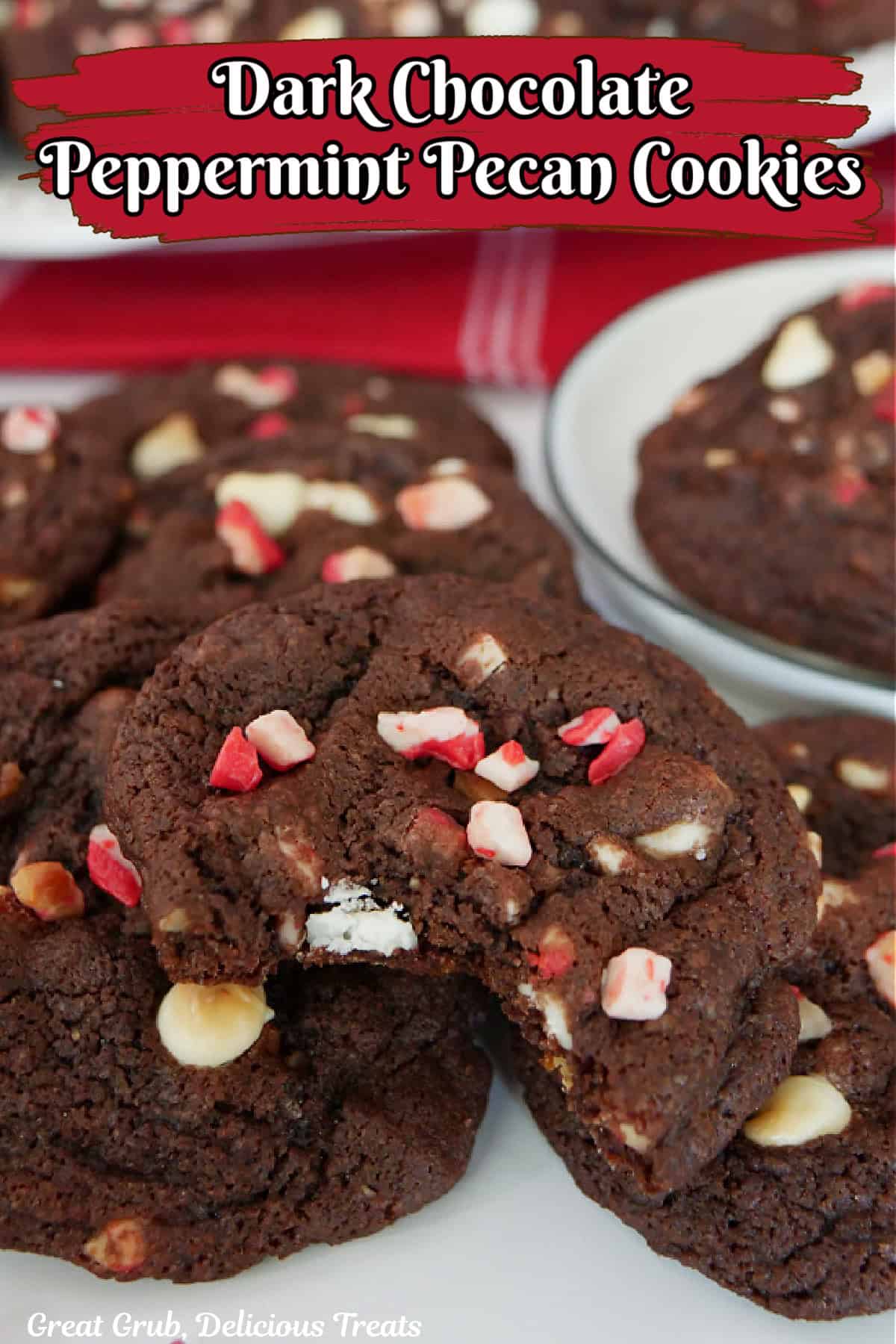 Dark chocolate peppermint cookies on a white surface with the title of the recipe, in text, at the top.