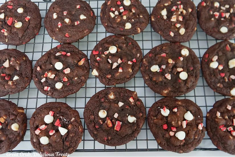 A wire rack with fifteen cookies on it cooling.