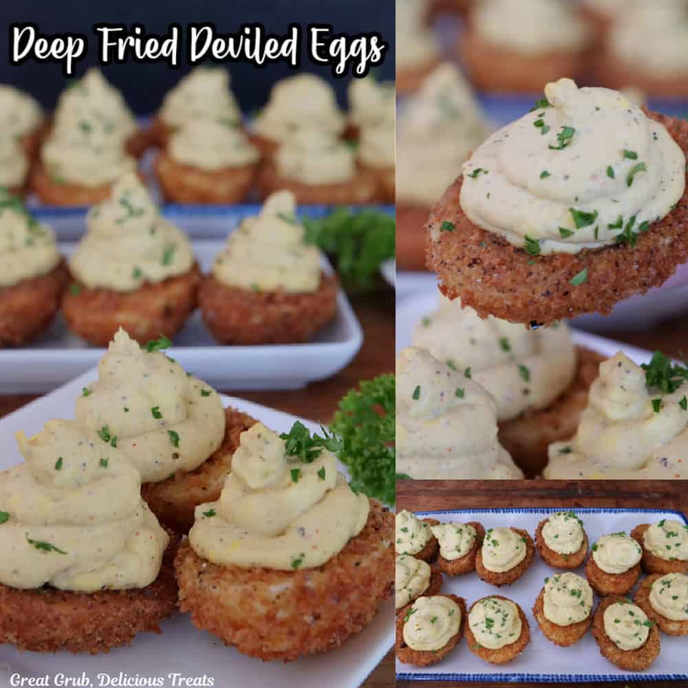 A three collage photo of deep fried deviled eggs with the title of the recipe at the top.