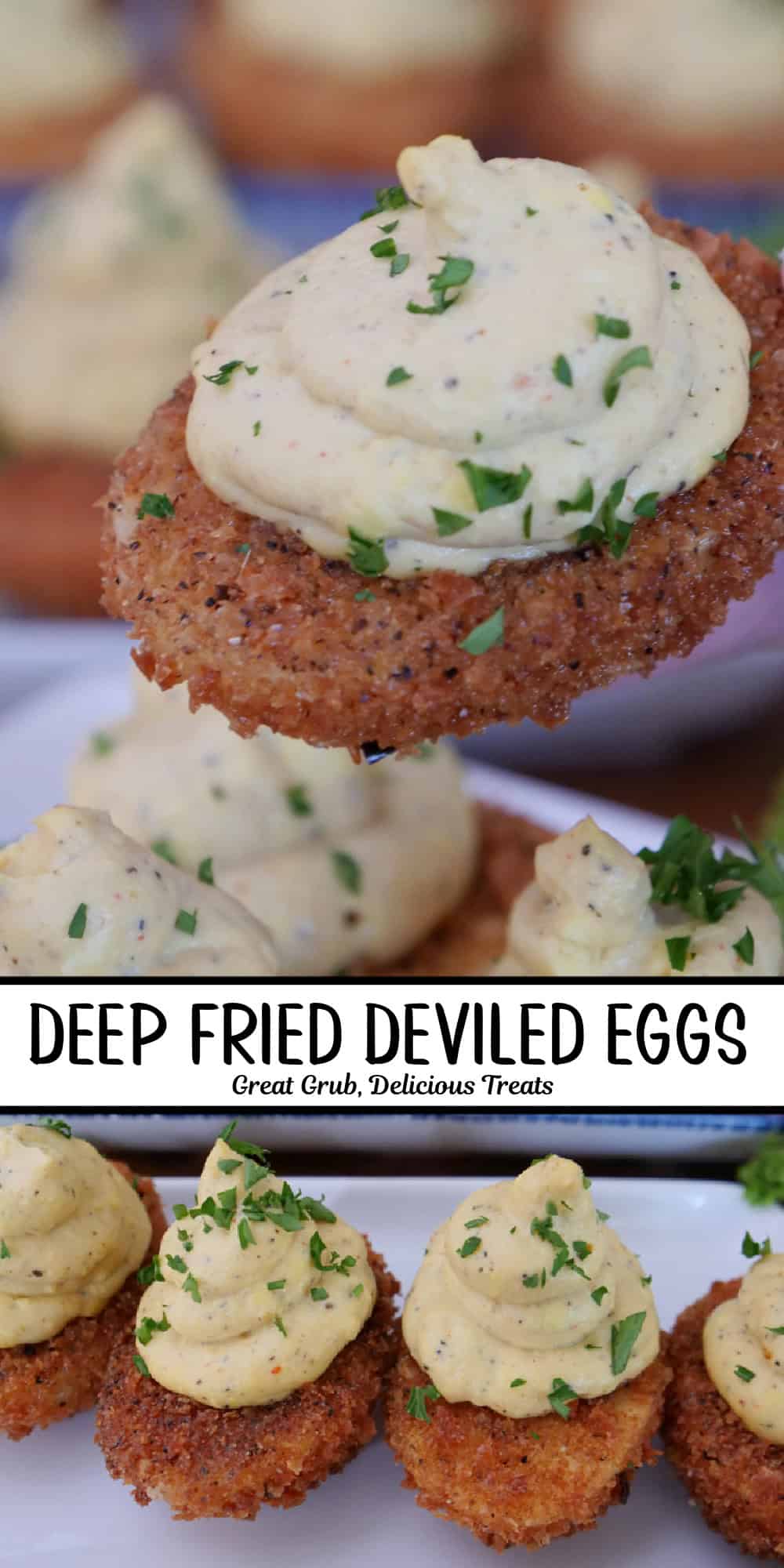 Two photos of fried deviled eggs with the title overlay in the center.