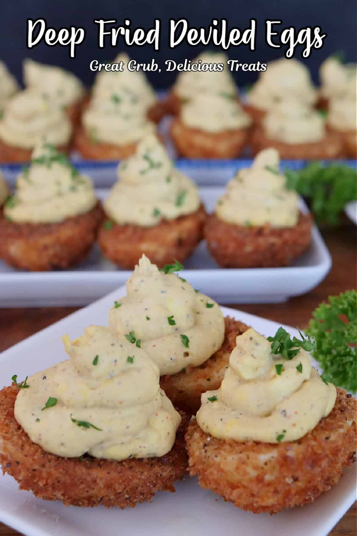 Three white plate with deep fried deviled eggs on them with the title overlay at the top.