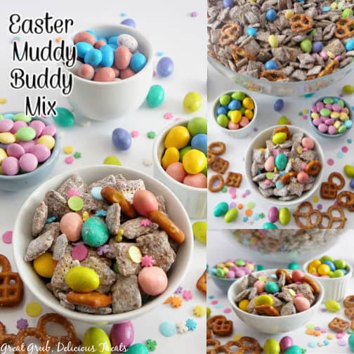 A three photo collage of bunny chow showing all kinds of pastel chocolates, and pretzels.