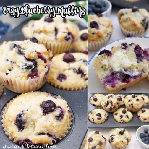 A three photo collage of blueberry muffins in a muffin tin and on a plate.