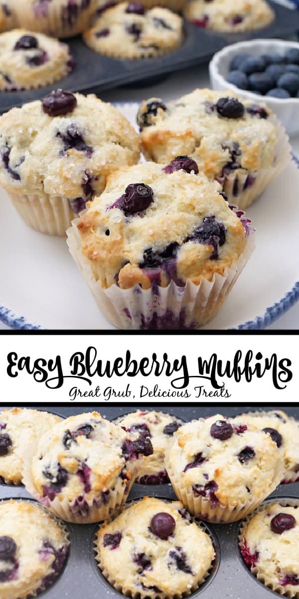 A double photo collage of blueberry muffins.