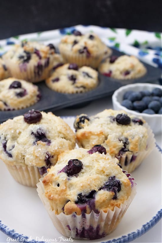 Three muffins on a white plate.