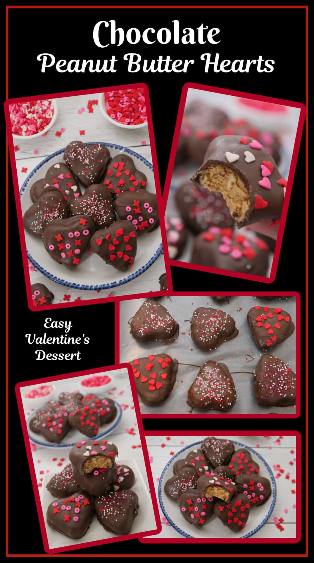 A black background with 5 different chocolate hearts photos in a collage.