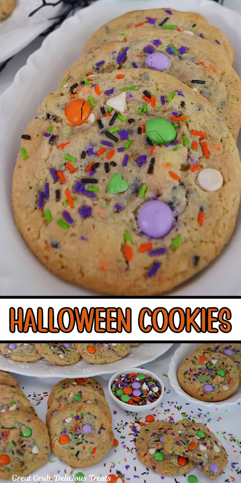 Two photo collage of Halloween cookies with the title of the recipe in the middle of the two photos.