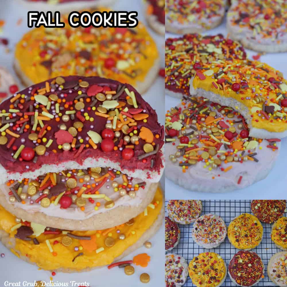 Three photos of frosted sugar cookies with fall colors and festive sprinkles on top.