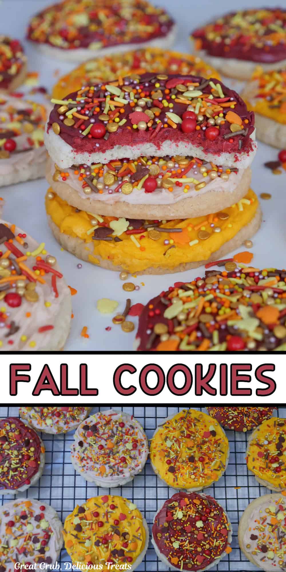 Two photos of big frosted sugar cookies in fall colors with lots of festive sprinkles on top.