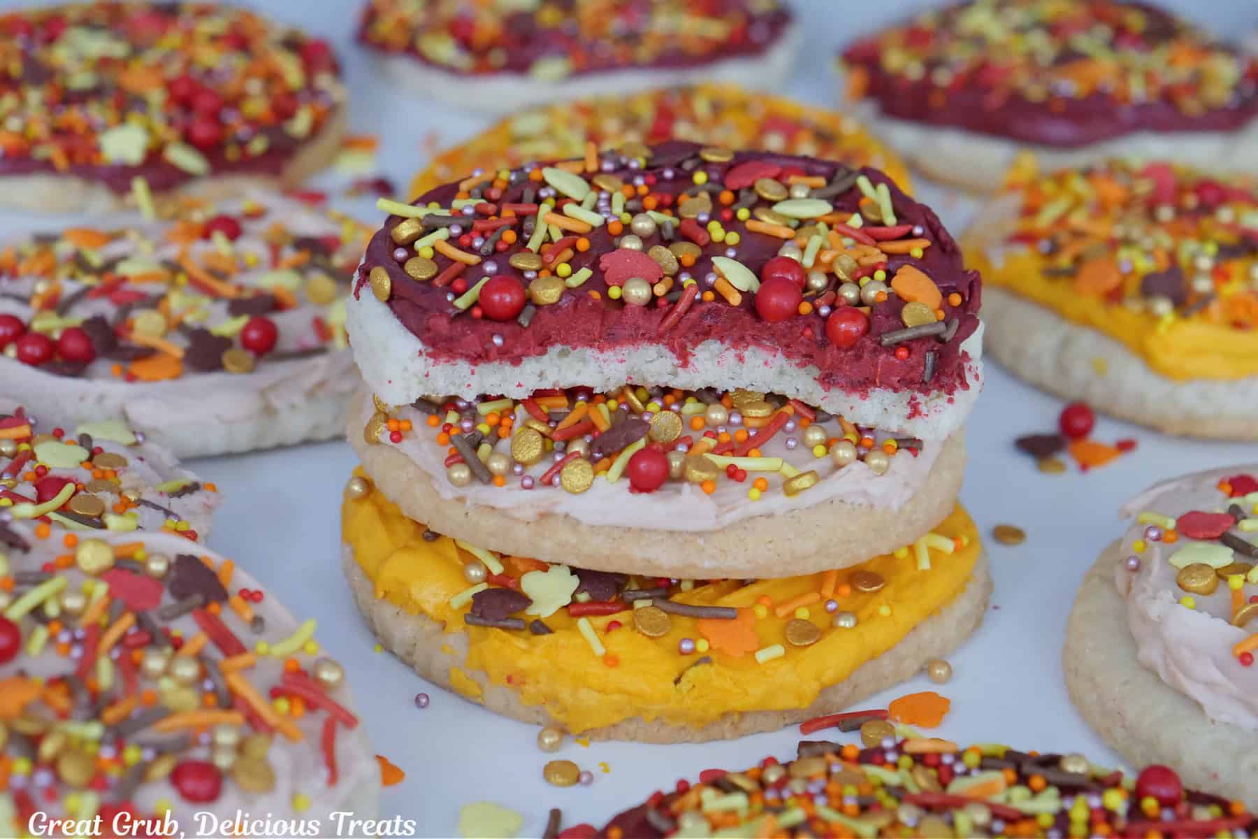 A dozen frosted sugar cookies on a white surface with fall colored frosting and candy sprinkles.