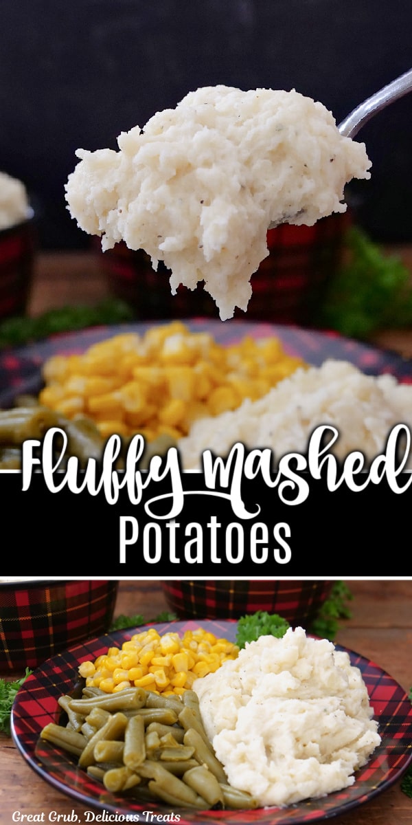 A double collage photo of fluffy mashed potatoes on a plate with corn and green beans.