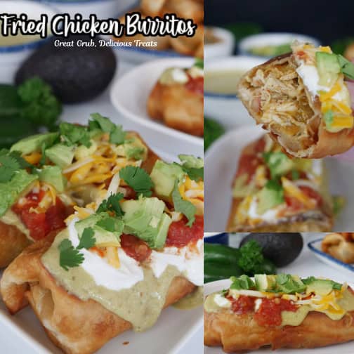 A three collage photo of fried chicken burritos with the title of the recipe at the top.