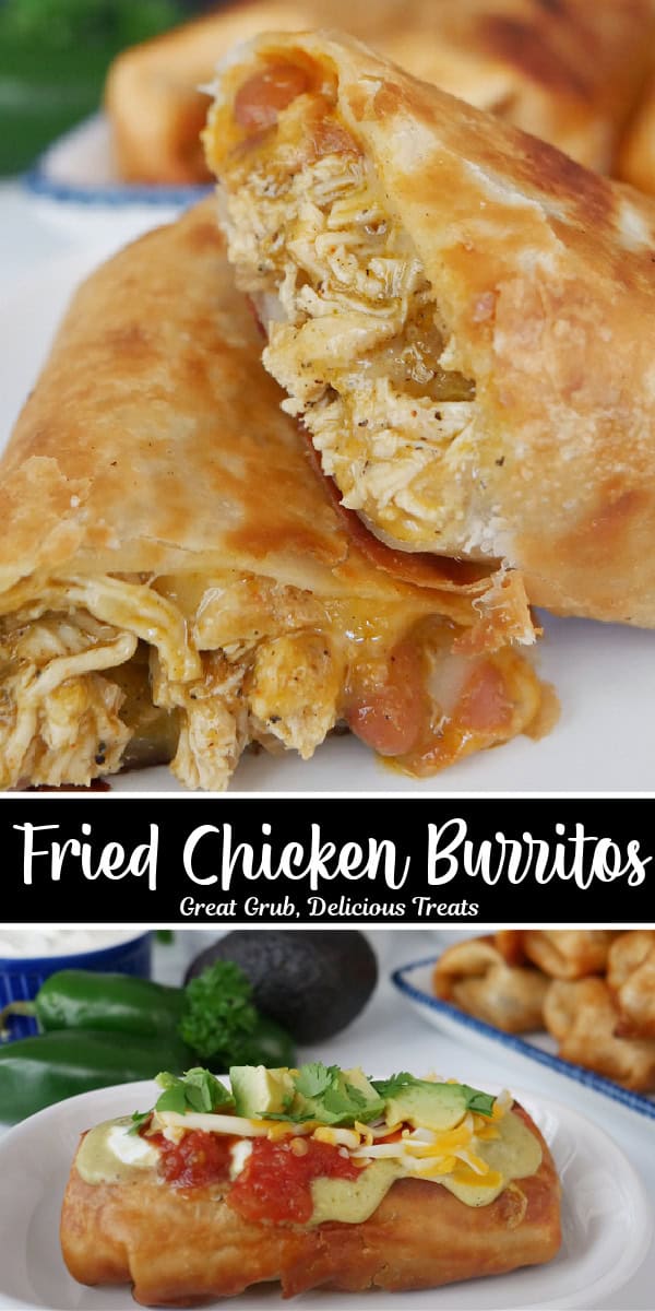 A double collage photo of fried chicken burritos on a white plate with the title of the recipe in the center of the two photos.