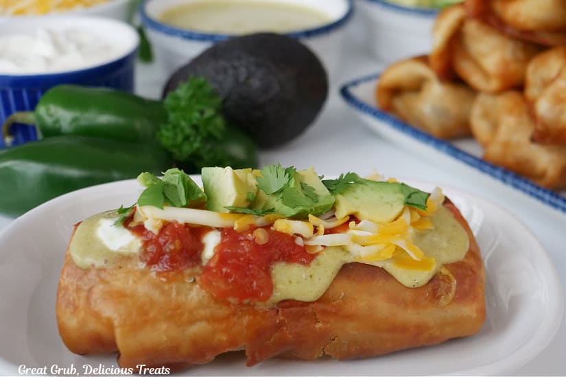 A white plate with a fried chicken burrito on it.