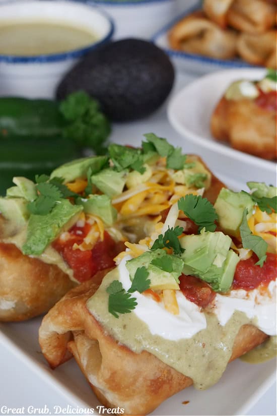 A white plate with two fried chicken burritos on it covered with sauce, salsa, cheese, avocado, and cilantro.