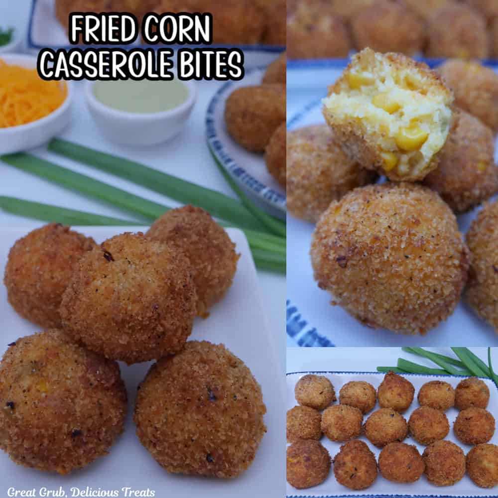 A three photo collage of fried corn casserole bites with the title overlay at the top.