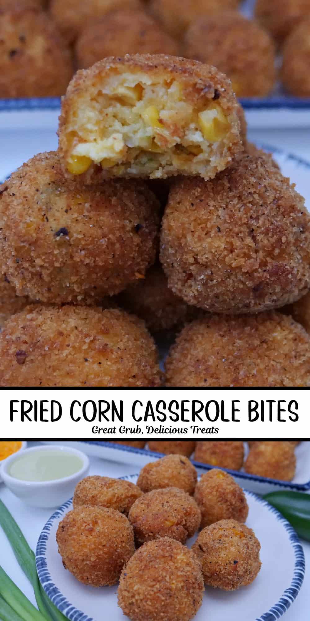 Two photos of fried corn casserole bites with the title overlay in the middle of the two pics.