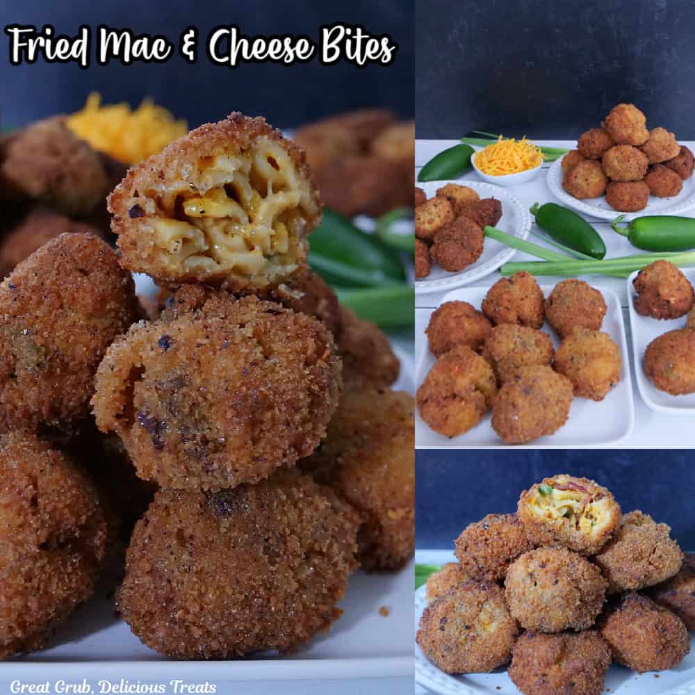 Three photos in a collage of mac and cheese bites with the title overlay at the top.