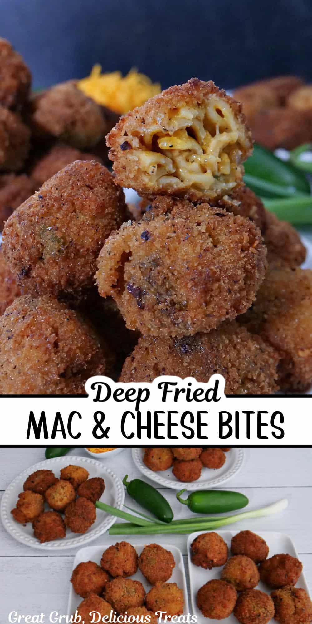 A double collage photo of fried mac and cheese bites with the title overlay in the center of the two photos.