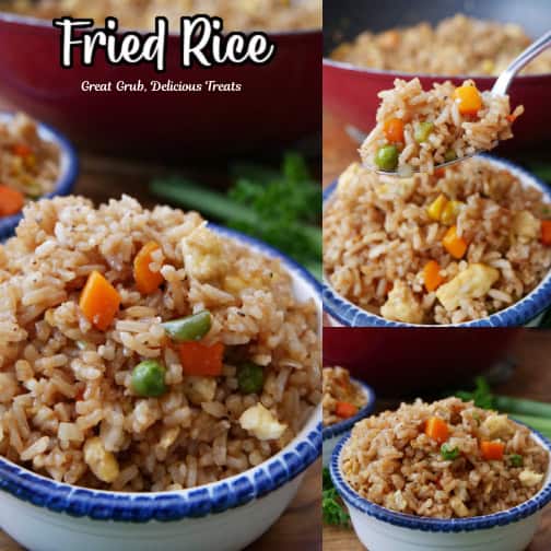 Fried rice in white bowls with blue trim.