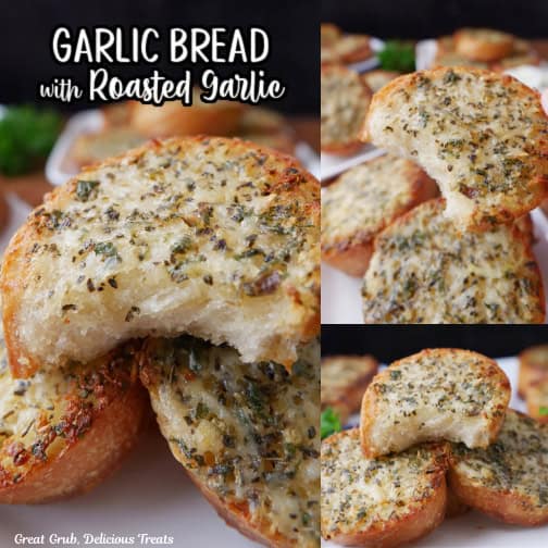 Small round medallions of garlic bread on a white plate with a bite taken out of one of the pieces.