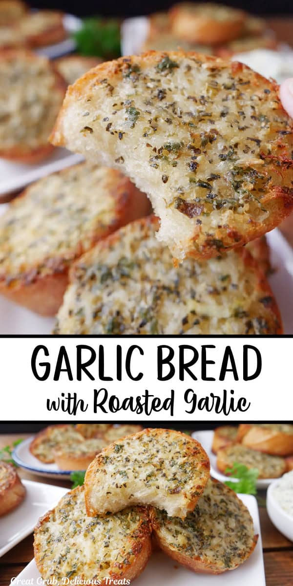 Small round roasted garlic breads on a white plates.