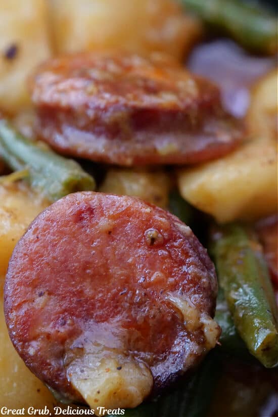 A close up photo of two pieces of sausage.