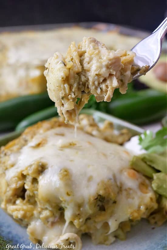 A forkful of chicken enchiladas.