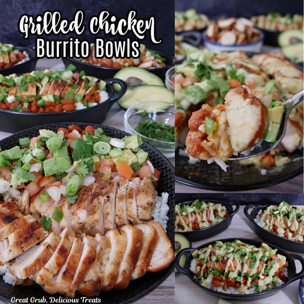 A three collage photo of grilled chicken burrito bowls.