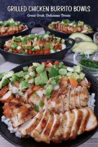 A white surface with grilled chicken, rice, avocado, pico in black bowls.
