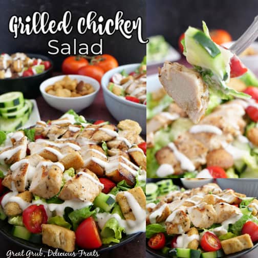 Grilled Chicken Salad is a basic salad recipe that is loaded with flavor. A three photo collage of grilled chicken salad.