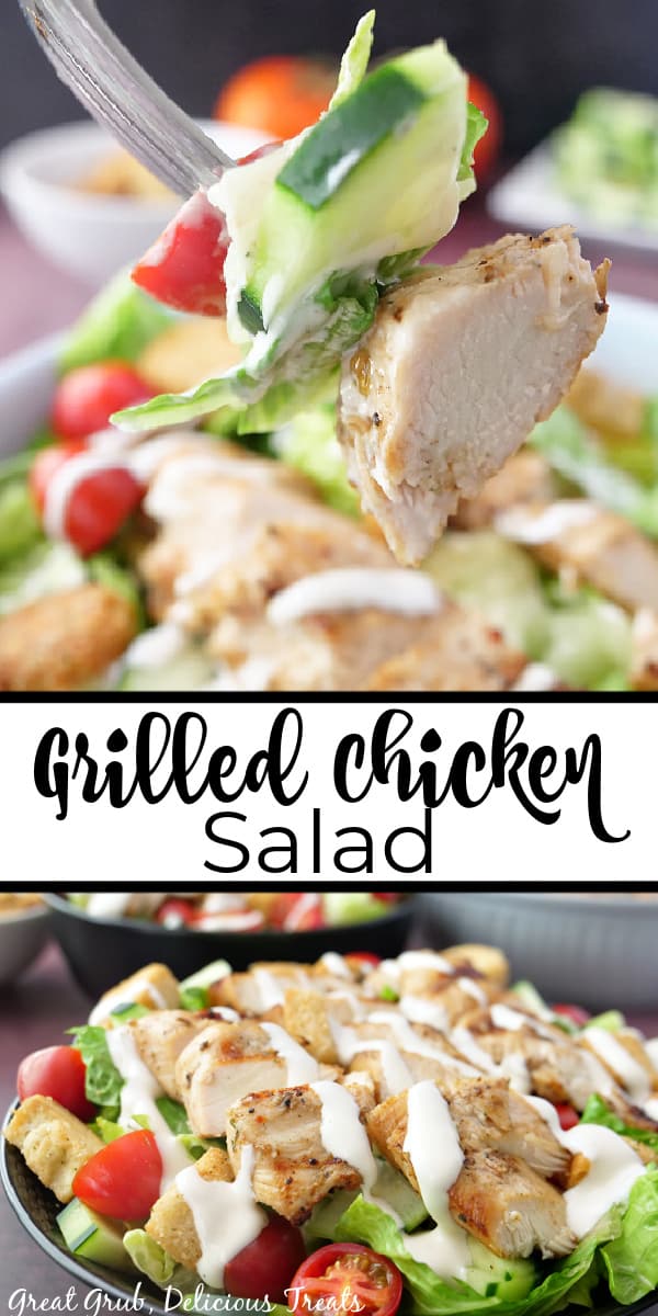 Grilled Chicken Salad is a light and refreshing salad recipe that is perfect for lunch, dinner, or a side. A double photo collage of grilled chicken salad.