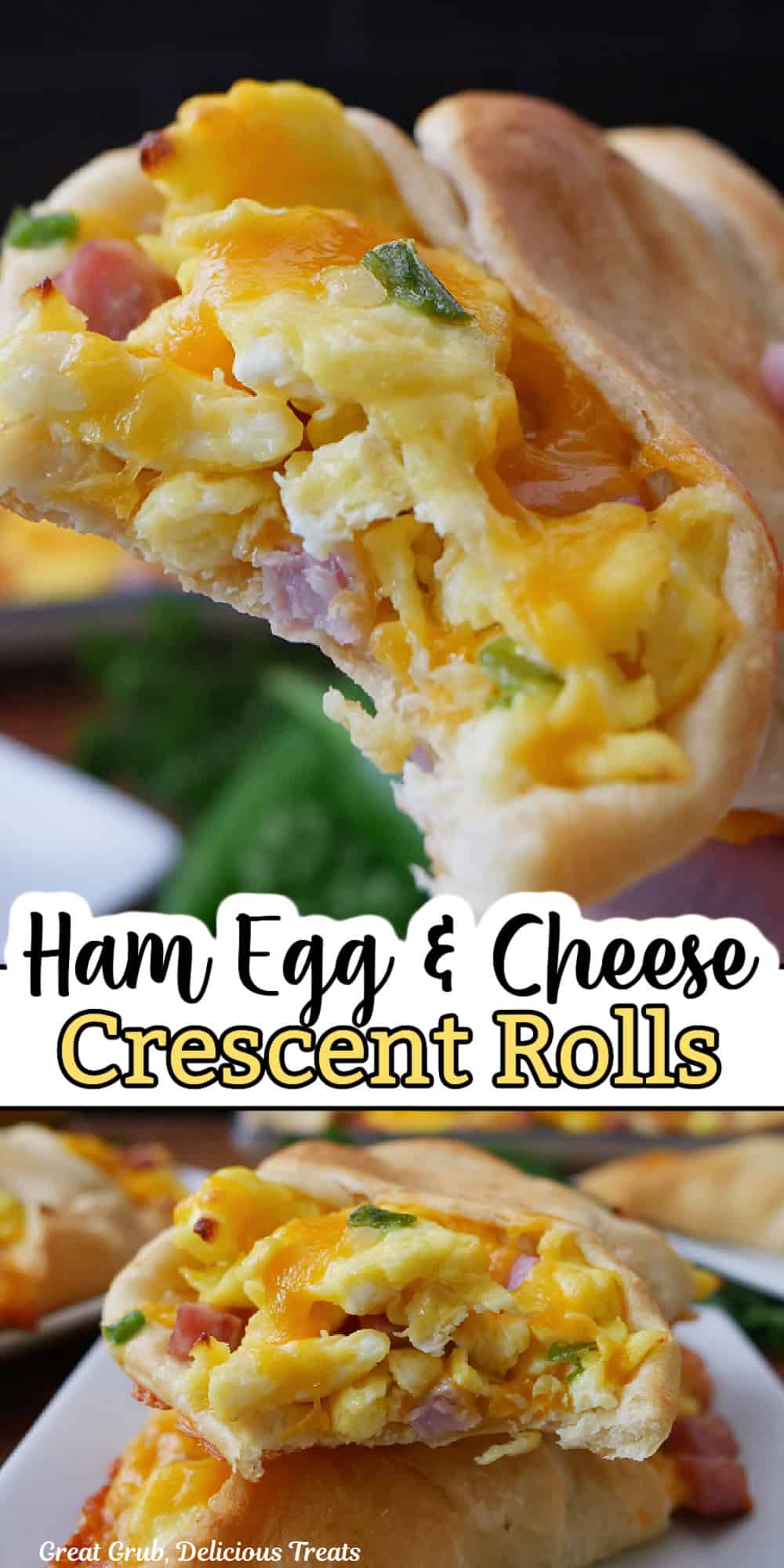 A double collage photo of breakfast crescents with the title of the recipe between the two pictures.