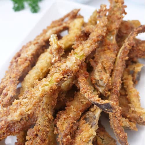 A white plate with crispy deep fried hatch chile fries on it.