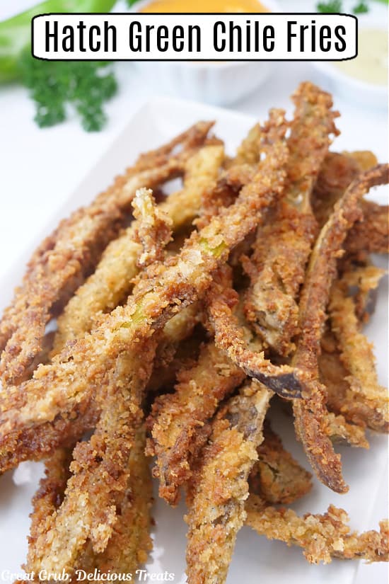 A white plate with crispy deep fried hatch chile fries on it.