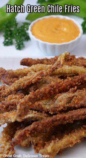 A white plate with fried hatch chile "fries" on it with a small white bowl with a dipping sauce in it.