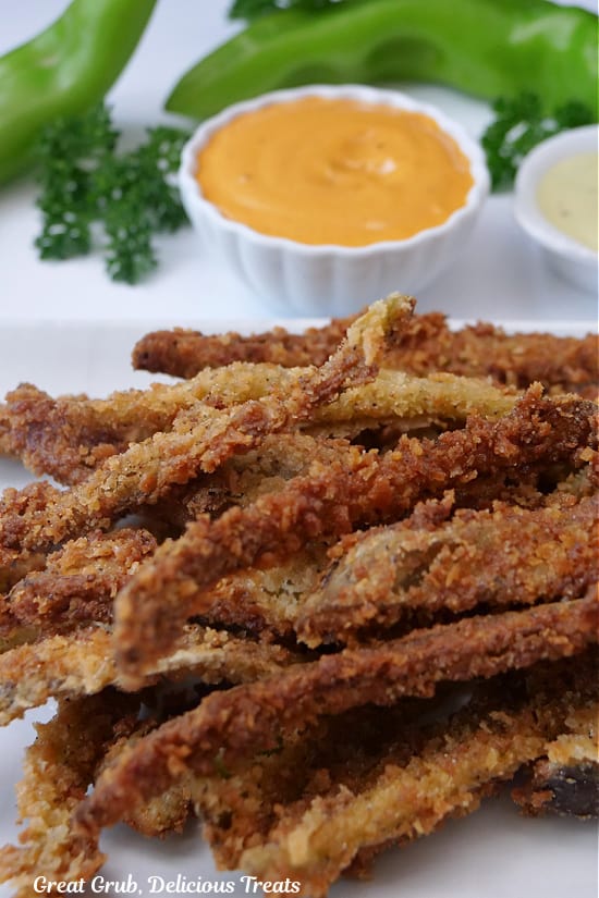 A stack of deep fried hatch chile fries on a white plate.