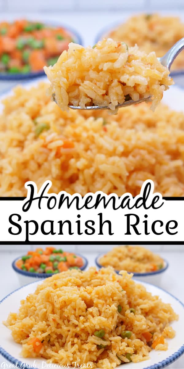 A double collage photo of homemade Spanish rice in a white bowl with blue trim.