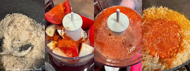 A four collage photo of rice in a skillet, tomatoes, onions, garlic and seasonings in a chopper and then poured into the pan with the rice.