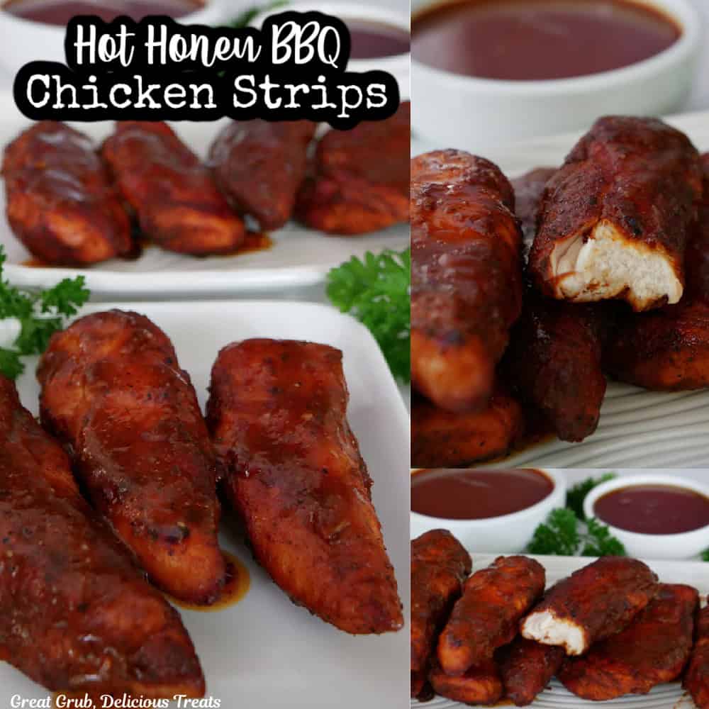 A three collage photo of hot honey BBQ chicken strips.
