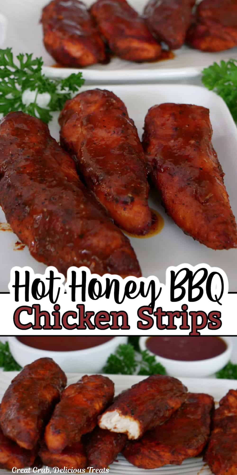 A double collage photo of smoked hot honey BBQ chicken strips with the title of the recipe in between the two photos.
