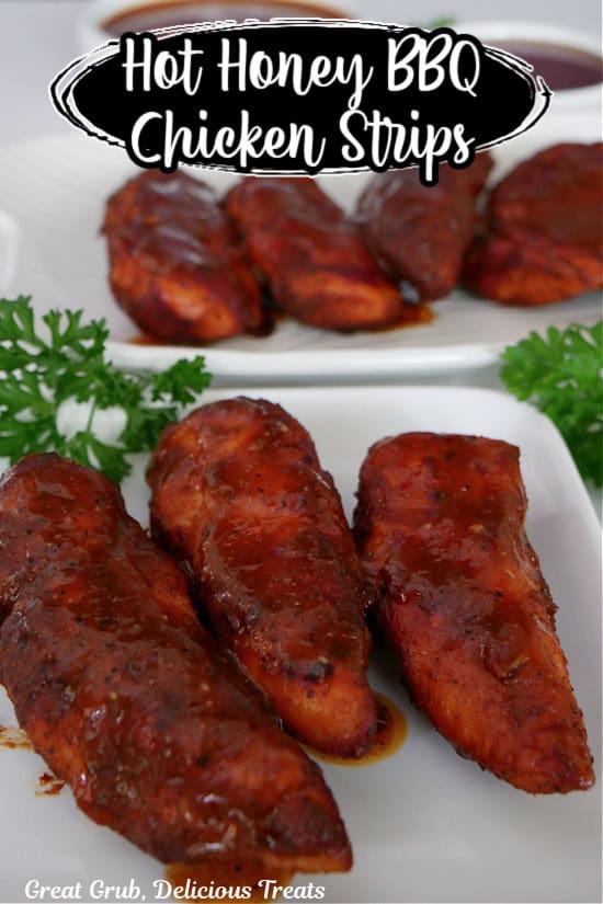 Two white plates with smoked hot honey BBQ chicken strips on them.
