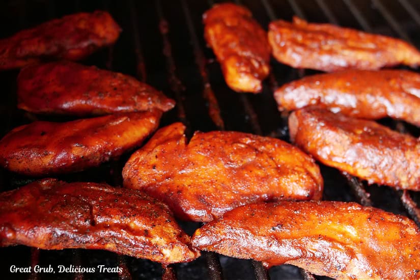 Chicken strips on the smoker.