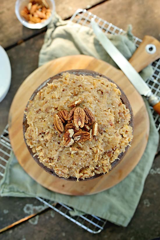 German Chocolate Cake is a delicious cake filled and frosted with a classic coconut pecan frosting. German Chocolate Cake is a double layer chocolate cake frosted with coconut pecan frosting.