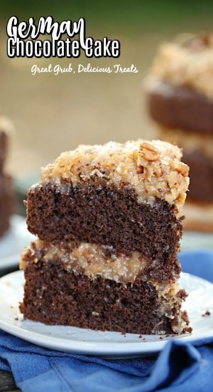 German Chocolate Cake is a double layered chocolate cake frosted and filled with a delicious coconut pecan frosting.